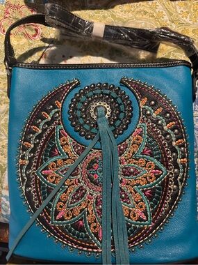 Teal Embroidered Tassel Crossbody Bag with Boho Medallion